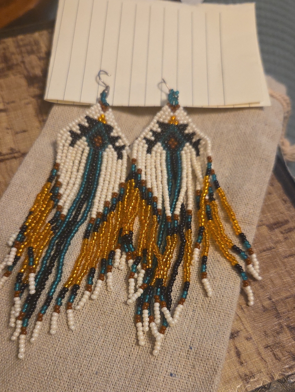 Handmade White, Gold & Teal Beaded Fringe Earrings